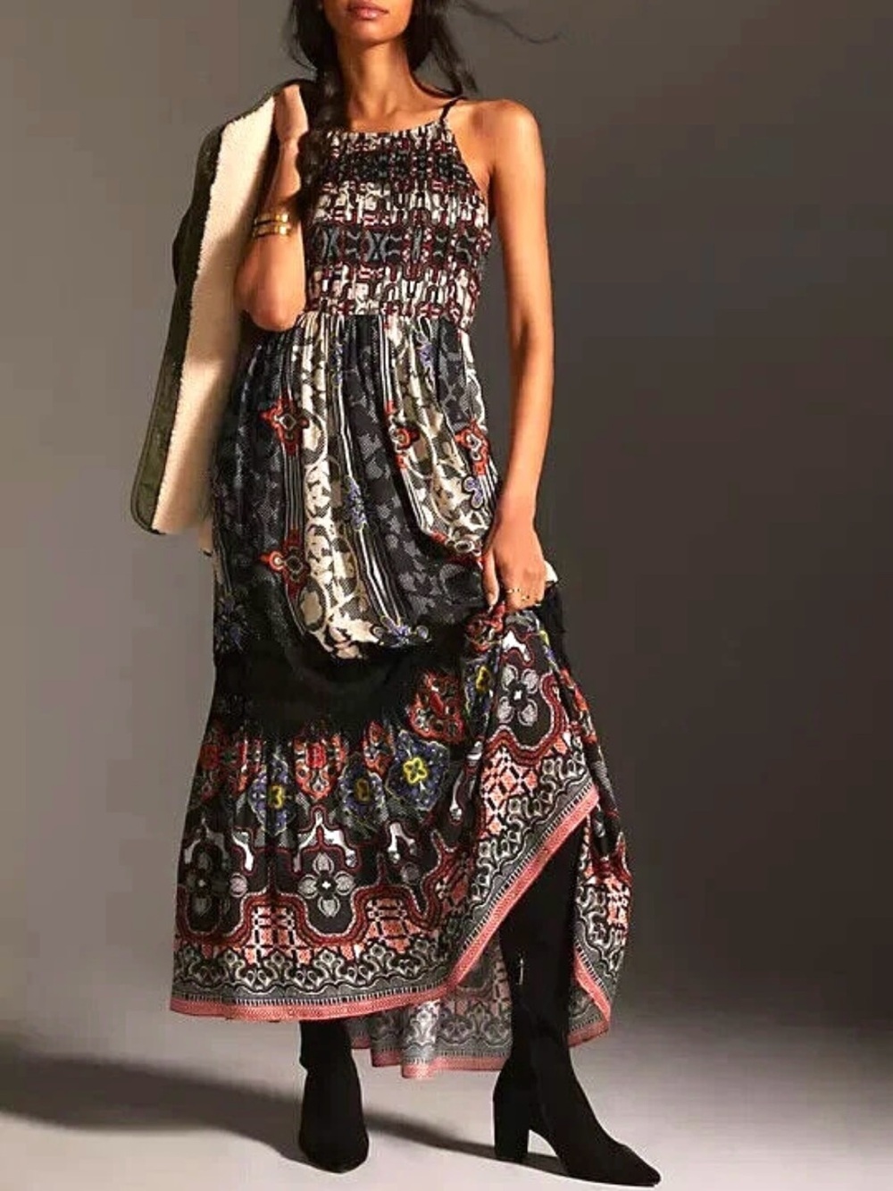 Anthropologie Bhanuni by Jyoti Tiered Maxi Dress Boho Print Size 4